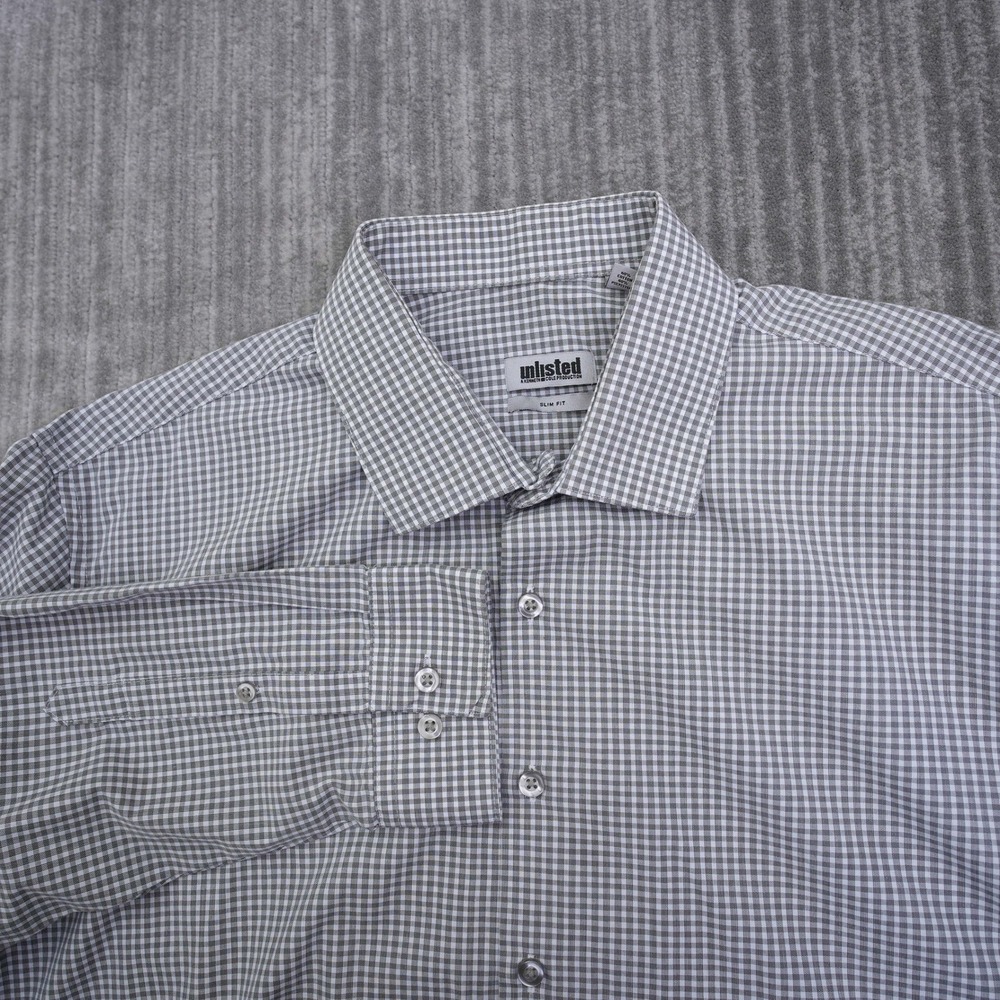 Unlisted Kenneth Cole‎ Mens XL Slim Fit Gingham Dress Shirt Grey White Plaid